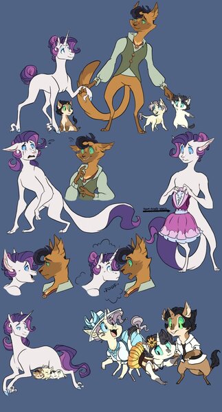 Size: 656x1217 | Tagged: safe, artist:baylard, derpibooru import, capper dapperpaws, rarity, oc, oc:celestine, oc:clarity, oc:ramsey, abyssinian, anthro, cat, classical unicorn, digitigrade anthro, hybrid, pony, unicorn, my little pony: the movie, abyssinianfied, abyssinianized, anthro with ponies, blue background, capperity, catified, clothes, cloven hooves, female, interspecies offspring, kitten, leonine tail, male, mare, offspring, parent:capper, parent:rarity, parents:capperity, raricat, shipping, simple background, species swap, story included, straight, unshorn fetlocks