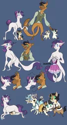Size: 656x1217 | Tagged: safe, artist:baylard, derpibooru import, capper dapperpaws, rarity, oc, oc:celestine, oc:clarity, oc:ramsey, abyssinian, anthro, cat, classical unicorn, digitigrade anthro, hybrid, pony, unicorn, my little pony: the movie, abyssinianfied, abyssinianized, anthro with ponies, blue background, capperity, catified, clothes, cloven hooves, female, interspecies offspring, kitten, leonine tail, male, mare, offspring, parent:capper, parent:rarity, parents:capperity, raricat, shipping, simple background, species swap, story included, straight, unshorn fetlocks