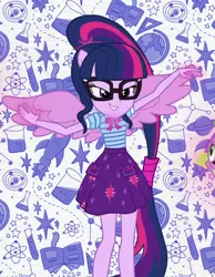 Size: 840x1080 | Tagged: safe, derpibooru import, screencap, sci-twi, spike, spike the regular dog, twilight sparkle, dog, equestria girls, equestria girls series, clothes, cropped, female, geode of telekinesis, glasses, intro, magical geodes, offscreen character, ponied up, ponytail, scitwilicorn, skirt, smiling, wings