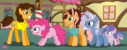 Size: 1024x407 | Tagged: safe, artist:kittypaint08, derpibooru import, cheese sandwich, pinkie pie, oc, oc:happy party, oc:summer party, oc:sweet party, pony, cheesepie, female, half-siblings, male, offspring, parent:cheese sandwich, parent:party favor, parent:pinkie pie, parent:pokey pierce, parents:cheesepie, parents:partypie, parents:pokeypie, shipping, straight