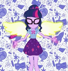 Size: 1035x1078 | Tagged: safe, derpibooru import, screencap, sci-twi, twilight sparkle, equestria girls, equestria girls series, angel, clothes, cropped, eyes closed, female, geode of telekinesis, glasses, glowing wings, intro, magical geodes, ponied up, ponytail, scitwilicorn, skirt, smiling, wings