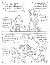 Size: 849x1100 | Tagged: alicorn, anthro, artist:circe, black and white, clothes, comic:soreloser, derpibooru import, grayscale, monochrome, pleated skirt, safe, skirt, spike, traditional art, twilight sparkle, twilight sparkle (alicorn)