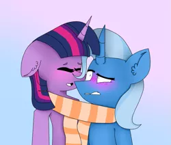 Size: 1023x866 | Tagged: safe, artist:skuuma2511, derpibooru import, trixie, twilight sparkle, blushing, clothes, female, lesbian, scarf, shared clothing, shared scarf, shipping, twixie