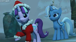 Size: 3840x2160 | Tagged: 3d, antlers, artist:goatcanon, christmas, clothes, costume, crossover, derpibooru import, dr. seuss, hat, holiday, how the grinch stole christmas, levitation, magic, parody, safe, santa costume, santa hat, source filmmaker, starlight glimmer, telekinesis, trixie