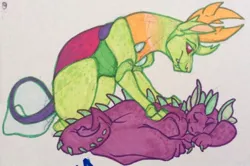 Size: 500x332 | Tagged: artist:glamrockbonnie, artist:warrioratheart, backrub, back rubbing, changedling, changeling, derpibooru import, dragon, duo, eyes closed, friendship, friendshipping, king thorax, male, massage, paper, safe, simple background, spike, thorax, traditional art, white background