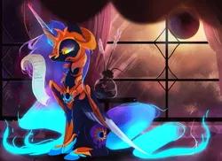 Size: 2268x1654 | Tagged: safe, artist:nutty-stardragon, derpibooru import, daybreaker, nightmare moon, alicorn, pony, armor, eclipse, female, fusion, magic, mare, moon, sad, scroll, sitting, solo, speedpaint available, sun