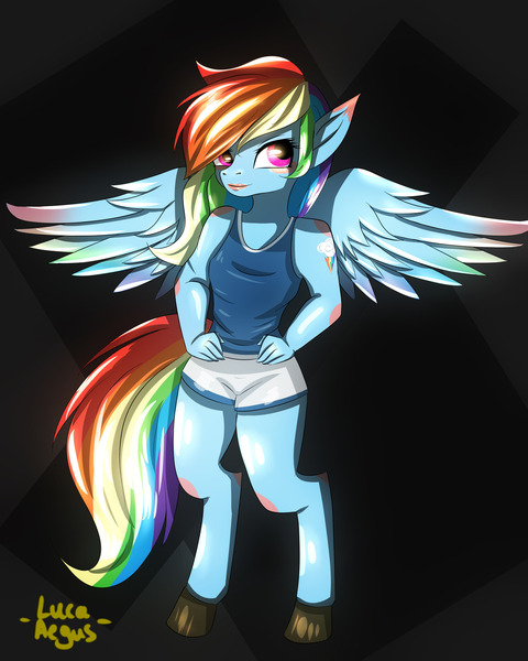 Size: 1280x1600 | Tagged: anthro, artist:lucaaegus, barehoof, clothes, derpibooru import, hooves, lipstick, rainbow dash, safe, shorts, sports outfit, tanktop, unguligrade anthro