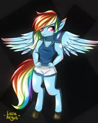 Size: 1280x1600 | Tagged: anthro, artist:lucaaegus, barehoof, clothes, derpibooru import, hooves, lipstick, rainbow dash, safe, shorts, sports outfit, tanktop, unguligrade anthro