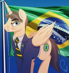 Size: 1000x1063 | Tagged: safe, artist:phyll, derpibooru import, ponified, alicorn, pony, brazil, clothes, cutie mark, drama, flag, flag pole, horn, jair bolsonaro, politics, president, signature, suit, wings