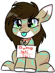 Size: 1776x2376 | Tagged: safe, artist:donutnerd, derpibooru import, oc, oc:rune, pony, cel shading, chest fluff, dumb, ears, female, for sale, hooves, humor, mare, shading, shaming, sign, sitting, slave, smug, solo, tongue out, young