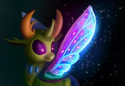 Size: 1646x1132 | Tagged: antlers, artist:xbi, changedling, changeling, derpibooru import, glow, glowing wings, horn, king thorax, male, safe, smiling, solo, spread wings, tabun art-battle finished after, thorax, to where and back again, wings