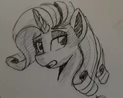 Size: 823x654 | Tagged: safe, artist:post-it, derpibooru import, rarity, pony, unicorn, bust, female, ink drawing, inktober, mare, monochrome, simple background, sketch, solo, traditional art, white background