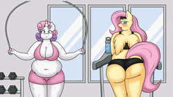 Size: 1340x750 | Tagged: animated, anthro, artist:lordstormcaller, ass, bbw, belly, big belly, booty shorts, breasts, busty sweetie belle, butt, chubbie belle, chubby, chubbyshy, derpibooru import, exercise, fat, fattershy, female, flutterbutt, fluttershy, gif, gym, huge butt, jiggle, large butt, older, older sweetie belle, rear view, suggestive, sweat, sweetie belle, sweetie belly, the ass was fat, unguligrade anthro, walking, workout