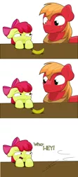 Size: 1280x2887 | Tagged: safe, artist:ljdamz1119, derpibooru import, apple bloom, big macintosh, earth pony, pony, banana, bananabloom, bow, brother and sister, comic, female, filly, floppy ears, food, freckles, hair bow, looking at each other, looking down, male, raised hoof, siblings, simple background, stallion, table, text, transparent background