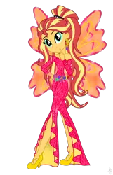 Size: 1790x2780 | Tagged: safe, artist:ilaria122, artist:pupkinbases, derpibooru import, sunset shimmer, fairy, human, equestria girls, bare shoulders, belt, clothes, crossover, ear piercing, earring, fairy wings, flower, high heels, humanized, jewelry, onyrix, piercing, ponytail, pose, rainbow s.r.l, shoes, simple background, sleeveless, strapless, transparent background, winged humanization, wings, winx club, world of winx