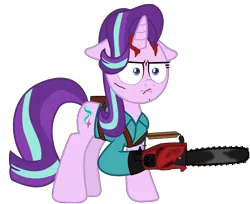 Size: 8956x7317 | Tagged: safe, artist:ejlightning007arts, derpibooru import, starlight glimmer, pony, unicorn, :i, absurd resolution, ash williams, blood, chainsaw, clothes, costume, evil dead, halloween, halloween costume, holiday, i mean i see, simple background, solo, transparent background