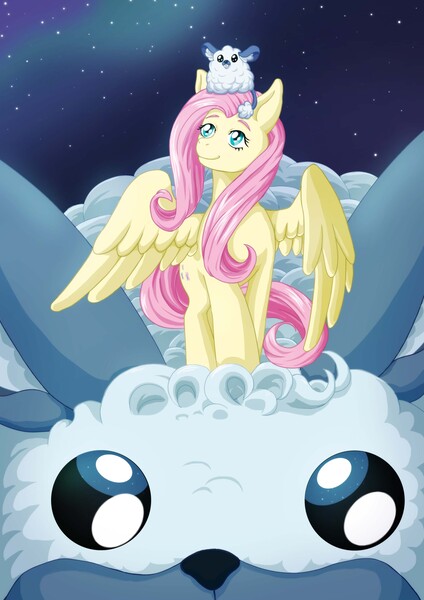 Size: 2480x3508 | Tagged: safe, artist:villaincorner, derpibooru import, fluttershy, pegasus, pony, winterchilla, best gift ever, cute, duality, female, looking up, mare, night, shyabetes, sitting on head, smiling, spread wings, wings, winter, winterzilla