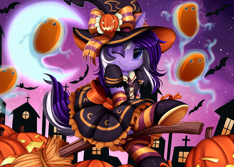 Size: 3509x2500 | Tagged: safe, artist:pridark, derpibooru import, oc, oc:scarlet melody, unofficial characters only, pony, unicorn, broom, clothes, commission, crescent moon, female, flying, flying broomstick, food, halloween, holiday, image, jack-o-lantern, mare, moon, night, nightmare night, one eye closed, pancakes, png, pumpkin, smiling, socks, solo, stars, striped socks, town, wink, witch