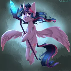 Size: 2160x2160 | Tagged: safe, artist:silbersternenlicht, derpibooru import, twilight sparkle, twilight sparkle (alicorn), alicorn, pony, my little pony: the movie, female, mare, scene interpretation, scepter, solo, staff, staff of sacanas