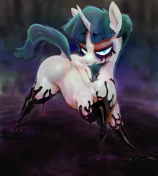 Size: 1465x1628 | Tagged: safe, alternate version, artist:sunibee, derpibooru import, stygian, goo, pony, unicorn, corrupted, dark magic, darkness, digital art, magic, male, raised leg, solo