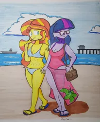 Size: 1024x1243 | Tagged: safe, artist:missmayaleanne, derpibooru import, sci-twi, sunset shimmer, twilight sparkle, equestria girls, abs, beach, bikini, clothes, female, holding hands, lesbian, sarong, scitwishimmer, shipping, sunsetsparkle, swimsuit, traditional art