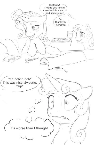 Size: 990x1530 | Tagged: safe, artist:silfoe, derpibooru import, rarity, sweetie belle, pony, unicorn, royal sketchbook, black and white, blushing, carrot, comic, description is relevant, dialogue, duo, fabric, female, filly, food, glowing horn, grayscale, horn, implied lesbian, implied rarilestia, implied shipping, juice, letter, love letter, magic, mare, monochrome, onomatopoeia, plate, reading, sandwich, scissors, simple background, speech bubble, telekinesis, thought bubble, white background