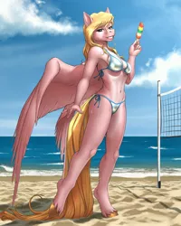 Size: 2500x3125 | Tagged: anthro, anthro oc, armpits, artist:mykegreywolf, beach, belly button, bikini, breasts, clothes, commission, derpibooru import, female, food, ice cream, looking at you, mare, oc, oc:vee, pegasus, safe, side-tie bikini, smiling, solo, swimsuit, unguligrade anthro, unofficial characters only