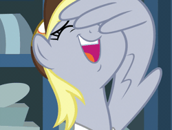 Size: 1440x1080 | Tagged: animated, best gift ever, cropped, cute, derpabetes, derpibooru import, derpy hooves, eyes closed, laughing, laughingmares.jpg, loop, mailmare, safe, screencap, solo, wing hands, wings