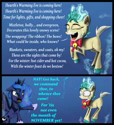 Size: 1850x2020 | Tagged: safe, artist:chopsticks, derpibooru import, alice the reindeer, princess luna, deer, pony, reindeer, best gift ever, cheek fluff, clothes, crown, cute, deer magic, dialogue, ear fluff, female, holiday, hoof fluff, hoof shoes, jewelry, levitation, magic, night, night sky, nightmare night, open mouth, prancing, regalia, shoes, singing, sky, telekinesis, text, ye olde butcherede englishe, yelling