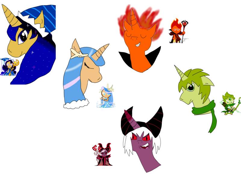 Size: 10349x7459 | Tagged: safe, artist:theinanimatepony, derpibooru import, ponified, pony, absurd resolution, cookie run, dark enchantress cookie, fire spirit cookie, moonlight cookie, sea fairy cookie, simple background, transparent background, wind archer cookie