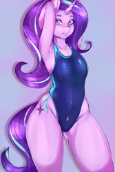 Size: 856x1280 | Tagged: suggestive, artist:cheezayballz, derpibooru import, starlight glimmer, anthro, unicorn, arm behind head, armpits, breasts, clothes, cutie mark, delicious flat chest, ear fluff, female, flatlight glimmer, gradient background, horn, looking at you, mare, one-piece swimsuit, pose, sexy, skintight clothes, small breasts, solo, solo female, standing, swimsuit, tail, thighs, thunder thighs, wide hips