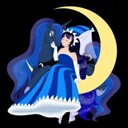 Size: 1280x1280 | Tagged: dead source, safe, artist:marimaribella, derpibooru import, princess luna, human, pony, clothes, cookie run, crossover, dress, hennin, moonlight cookie