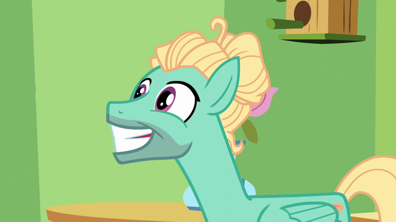 Size: 1280x720 | Tagged: safe, derpibooru import, screencap, zephyr breeze, pegasus, pony, flutter brutter, season 6, awkward smile, five o'clock shadow, grin, hair bun, male, smiling, stallion, wings