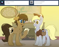 Size: 1280x1024 | Tagged: safe, artist:fluffyxai, derpibooru import, derpy hooves, oc, oc:spirit wind, earth pony, pegasus, pony, tumblr:ask spirit wind, chest fluff, clothes, dexterous hooves, duo, female, hat, mail, mailmare, mailmare hat, mare, tumblr, uniform