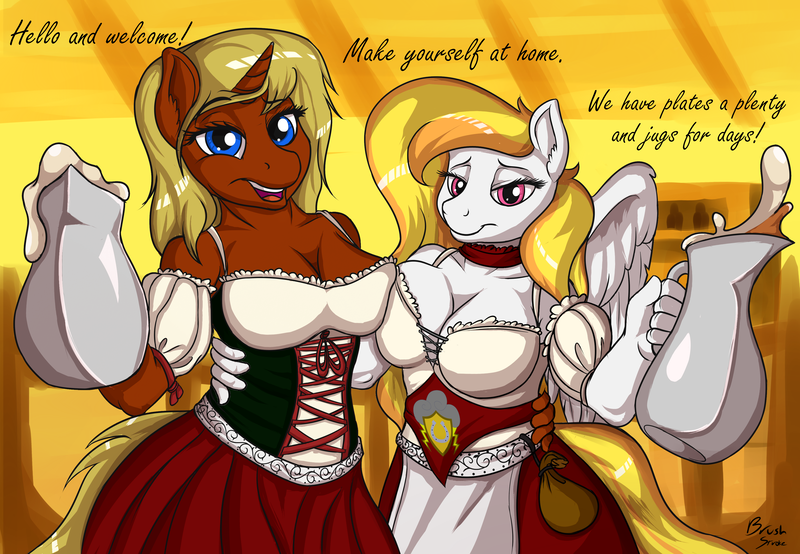 Size: 3900x2700 | Tagged: suggestive, artist:brushstroke, derpibooru import, oc, oc:spirit song, oc:storm shield, unofficial characters only, anthro, pegasus, unicorn, alcohol, anthro oc, barmaid, big breasts, breasts, cleavage, clothes, commission, dialogue, dress, duo, female, females only, image, mare, milf, oktoberfest, png, text, wench, ych result
