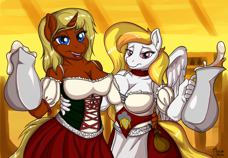 Size: 3900x2700 | Tagged: suggestive, alternate version, artist:brushstroke, derpibooru import, oc, oc:storm shield, unnamed oc, unofficial characters only, anthro, pegasus, unicorn, alcohol, anthro oc, barmaid, big breasts, breasts, clothes, commission, dress, female, image, milf, oktoberfest, png, textless, wench, ych result