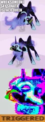 Size: 643x1730 | Tagged: safe, artist:testostepone, derpibooru import, editor:apex soundwave, nightmare moon, alicorn, pony, caption, deep fried meme, female, food, image macro, impact font, implied sonata dusk, mare, meme, simple background, solo, taco, text, triggered