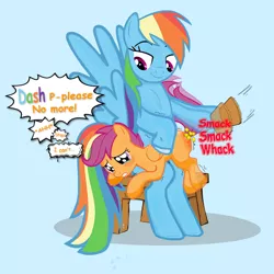 Size: 1080x1080 | Tagged: abuse, artist:pinllus, crying, derpibooru import, foal, paddle, rainbow dash, rainbow douche, red butt, scootabuse, scootaloo, spanking, suggestive, tears of pain