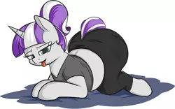 Size: 1280x799 | Tagged: suggestive, alternate version, artist:andelai, derpibooru import, twilight velvet, pony, unicorn, alternate hairstyle, butt, chubby, female, huge butt, large butt, lidded eyes, looking at you, lying down, mare, milf, plot, plump, ponytail, simple background, solo, solo female, the ass was fat, tongue out, white background, wide hips, workout outfit