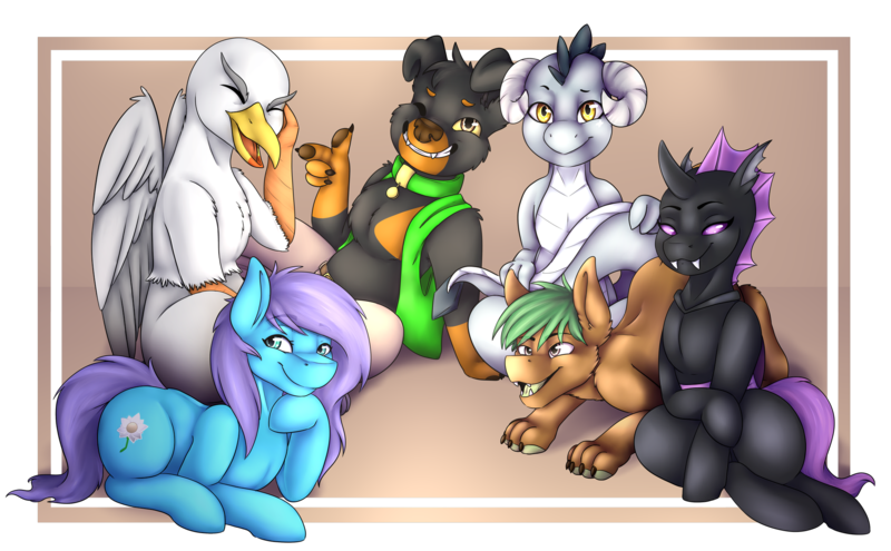 Size: 2048x1268 | Tagged: safe, artist:celestialoddity, derpibooru import, oc, oc:azira gardner, oc:brick stonerock, oc:polybius burslem, oc:roxy impelheart, oc:samari coba, oc:wagner schönau, unofficial characters only, changeling, diamond dog, dragon, earth pony, gryphon, pony, sphinx, changeling oc, desktop background, dragoness, female, group, male, purple changeling, sphinx oc, trans girl, transgender, wallpaper