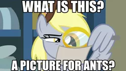 Size: 1024x576 | Tagged: best gift ever, caption, derpibooru import, derpy hooves, edit, edited screencap, editor:anonycat, image macro, magnifying glass, meme, picture for breezies (reaction image), reaction image, safe, screencap, solo, text, wing hands, wings