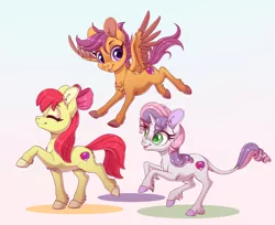 Size: 1280x1042 | Tagged: safe, artist:peridotkitty, derpibooru import, apple bloom, scootaloo, sweetie belle, classical unicorn, earth pony, pegasus, pony, unicorn, bow, chest fluff, cloven hooves, colored hooves, cutie mark crusaders, ear fluff, eyes closed, female, filly, flying, hair bow, leonine tail, looking down, pink background, scootaloo can fly, simple background, trio, trio female, unshorn fetlocks