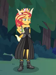 Size: 1417x1890 | Tagged: safe, artist:phucknuckl, derpibooru import, sunset shimmer, equestria girls, armband, bedroom eyes, boots, bowser, bowsette, breasts, bush, cleavage, clothes, collar, cosplay, costume, crossover, crown, dress, female, forest, grass, halloween, halloween 2018, halloween costume, hand on hip, headband, holiday, horn, jewelry, leather, leather boots, looking at you, necklace, night, nightmare night, nightmare night 2018, nightmare night costume, nintendo, raised eyebrow, regalia, shadow, shoes, skirt, smiling, smug, solo, standing, super crown, super mario bros., super mario odyssey, tree, wall of tags, wristband