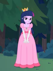 Size: 1417x1890 | Tagged: safe, artist:phucknuckl, derpibooru import, twilight sparkle, twilight sparkle (alicorn), alicorn, equestria girls, bedroom eyes, breasts, bust, cleavage, clothes, cosplay, costume, crossover, crown, dress, female, forest, gloves, grass, halloween, halloween 2018, halloween costume, hand on hip, hands on thighs, holiday, jewelry, looking at you, night, nightmare night, nightmare night 2018, nightmare night costume, outdoors, princess, princess peach, princess twipeach, regalia, royalty, shadow, solo, standing, super mario bros., wall of tags