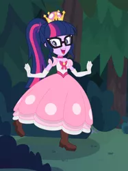 Size: 1417x1890 | Tagged: safe, artist:phucknuckl, derpibooru import, sci-twi, twilight sparkle, equestria girls, boots, bow, breasts, bush, cleavage, clothes, collar, cosplay, costume, crossover, crown, dress, female, forest, glasses, gloves, grass, hairpin, halloween, halloween 2018, halloween costume, happy, holiday, jewelry, necklace, new super mario bros. u deluxe, night, nightmare night, nightmare night 2018, nightmare night costume, nintendo, open mouth, outdoors, peachette, ponytail, regalia, shadow, shoes, smiling, solo, standing, standing on one leg, stars, super crown, super mario bros., teeth, toadette, tree, wall of tags