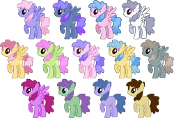 Size: 5200x3540 | Tagged: safe, artist:silvervectors, derpibooru import, blueberry punch, dizzy twister, dust devil, juicy fruit, orange swirl, peppermint crunch, q. t. prism, rainbowshine, slipstream, wing wishes, earth pony, pegasus, pony, .ai available, absurd resolution, background pony, blank flank, female, mare, palette swap, raised hoof, recolor, simple background, spread wings, transparent background, vector, wings