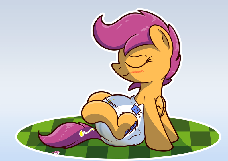 Size: 1280x905 | Tagged: questionable, artist:zalakir, derpibooru import, scootaloo, pegasus, pony, blushing, crinkleloo, cute, cutealoo, diaper, diaper fetish, fetish, pissing, poofy diaper, relief, solo, urine, wet diaper, wetting