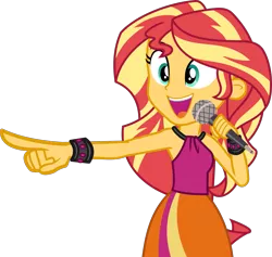 Size: 2083x1976 | Tagged: safe, artist:phucknuckl, derpibooru import, sunset shimmer, equestria girls, armpits, bracelet, clothes, female, image, jewelry, microphone, open mouth, png, pointing, rainbow rocks outfit, simple background, skirt, sleeveless, solo, transparent background, vector