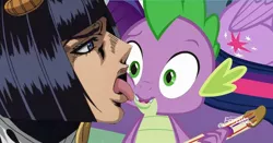Size: 1374x721 | Tagged: suggestive, derpibooru import, edit, edited screencap, screencap, rarity, spike, twilight sparkle, twilight sparkle (alicorn), alicorn, dragon, human, best gift ever, 1000 years in photoshop, anime, bruno buccellati, bruno bucciarati, face licking, giorno giovanna, golden wind, jojo's bizarre adventure, kiss on the cheek, kissing, licking, rerorero, spoilers for another series, the taste of a liar, tongue out, vento aureo, wat