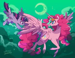 Size: 1920x1500 | Tagged: safe, artist:potetecyu_to, derpibooru import, pinkie pie, twilight sparkle, twilight sparkle (alicorn), alicorn, pony, spoiler:comic, spoiler:comic57, alicornified, crown, duo, female, flying, jewelry, mare, moon, pinkiecorn, princess of chaos, race swap, regalia, xk-class end-of-the-world scenario